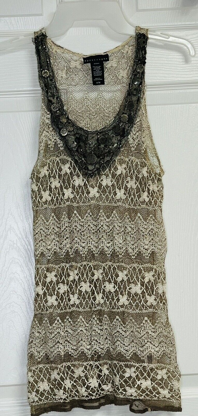 Attention Women's M Sheer Brown / Beige Beaded Sleeveless Tang Top Crocheted